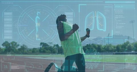 Disabled African American Runner in Futuristic Data Concept