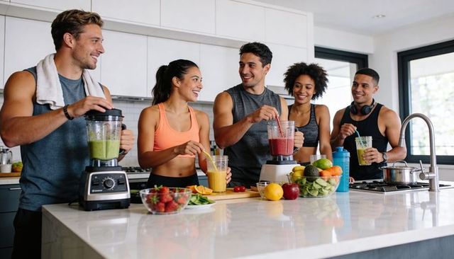 Fit friends blending and enjoying smoothies while laughing on modern kitchen island