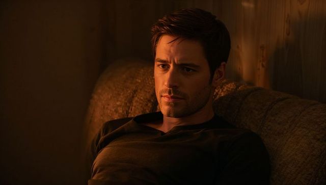 Introspective man leaning on textured sofa in amber cabin light cinematic moody portrait