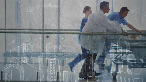 Doctors Pushing Hospital Cart with Digital Data Overlay