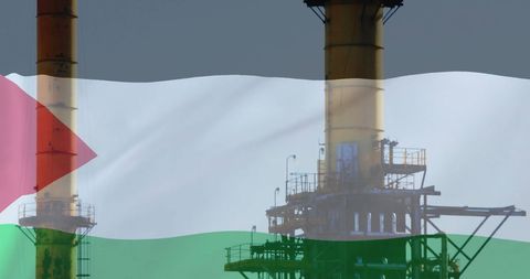 Oil rig overlaid with palestinian flag symbolizing geopolitical tensions