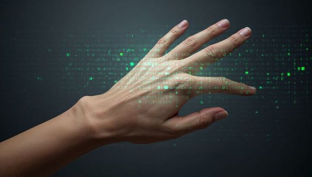 Right Hand Reaching into Holographic Green Data Stream over Dark Backdrop