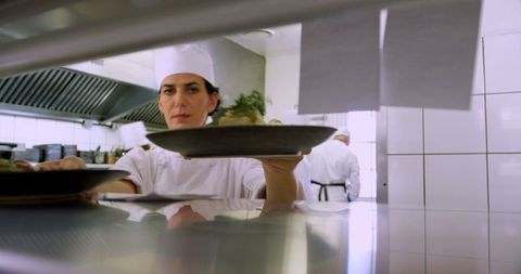 Professional Chefs Plating Delicious Dishes in High-End Restaurant Kitchen