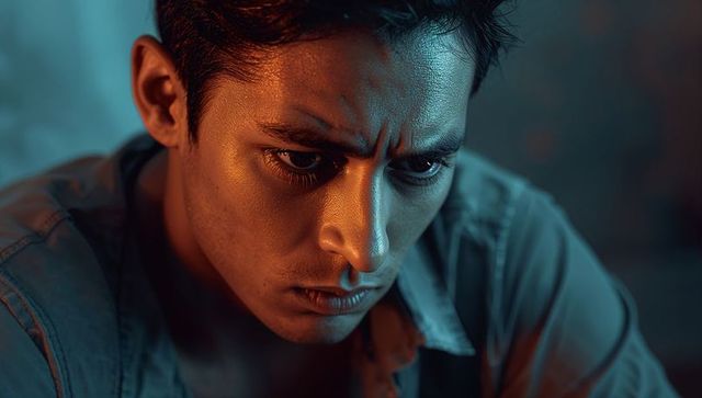 Contemplative man in dim lighting with intense expression