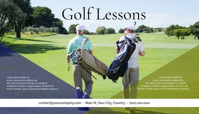 Senior Men Carrying Golf Clubs on Scenic Course Promoting Golf Lessons - Download Free Stock Templates Pikwizard.com