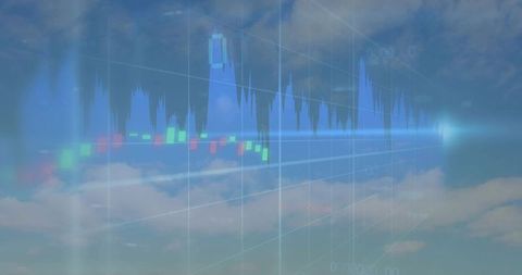 Holographic Financial Data Overlaying Cloudscape with Blue Candlestick Chart and Grid