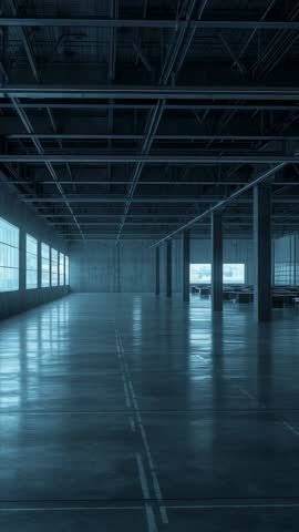 Vertical video showing empty industrial warehouse interior with polished floor and desks