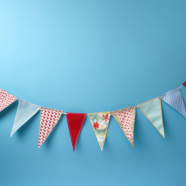 Festive bunting flags in various floral and geometric patterns hanging on a light blue background. Ideal for use in party planning, celebration promotion, birthday decorations, and festive advertising. Can also be used in blogs or magazines focusing on DIY projects or event planning.