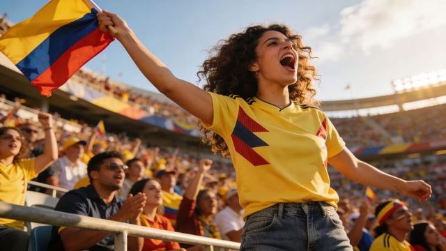 Colombian fan cheering and waving flag in packed stadium during match