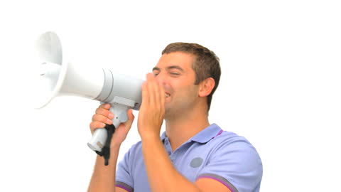 Energetic Man Shouting into Megaphone for Announcement