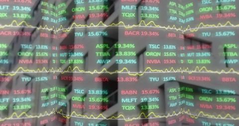 Displaying semi-transparent stock tickers with yellow sparklines reflecting office glass