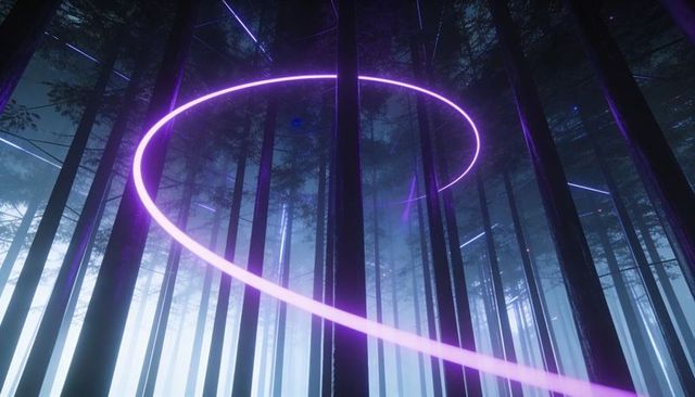 Spiraling Neon Ribbon Lighting Misty Forest Canopy, Purple Glow Weaving Through Trees