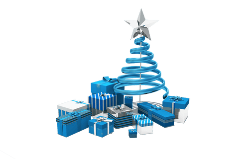 Transparent Christmas Tree with Blue Metallic Gifts and Star Topper