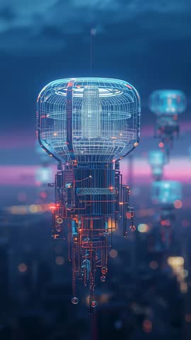 Vertical Futuristic Wireframe Tower Floating Above Neon Cityscape Dusk Sci-Fi Video Loop