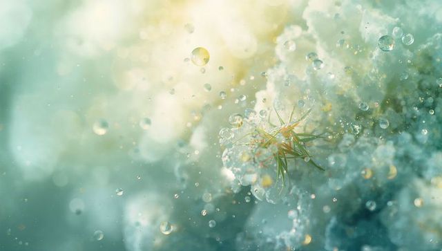 Macro moss tuft catching soft sunlight with icy dew droplets and teal bokeh