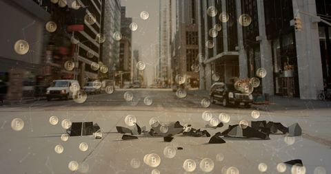 Bitcoin Formation in Modern City and US Dollar Crash Symbolism