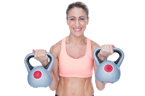 Smiling female crossfitter lifting kettlebells on transparent background