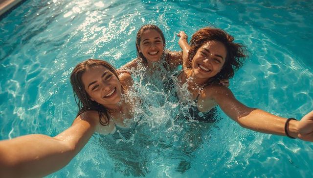 Smiling female teens taking pool selfie, splashing water, enjoying sunny summer together
