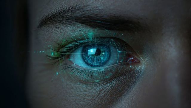Futuristic biometric iris scan with teal hud overlays illuminating human eye detail