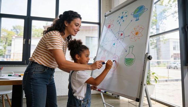 Teacher guiding child drawing colorful science diagrams on whiteboard in modern classroom