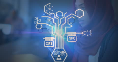 Digital Technology Icon Network Over Woman Using Smartphone