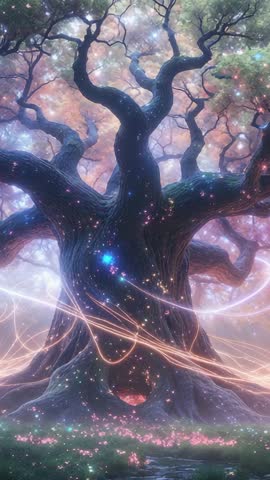 Vertical video: Enchanted ancient tree glowing with floating particles and swirling light ribbons