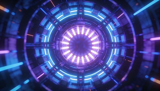 Radiant reactor core emitting neon rings and pulsing light in futuristic cylindrical tunnel