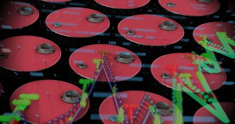 Red oil barrels with overlay of financial graph indicators