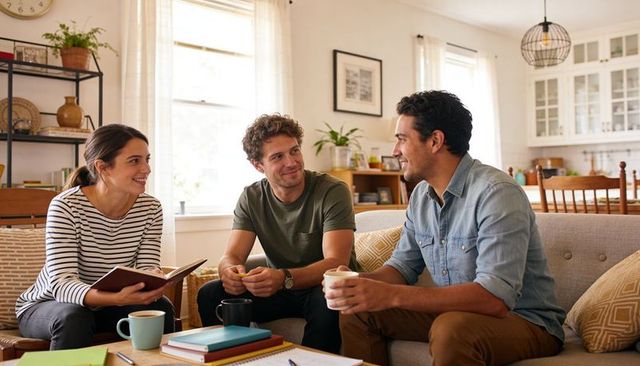 Friends chatting over coffee in cozy sunlit living room, casual conversation and relaxation