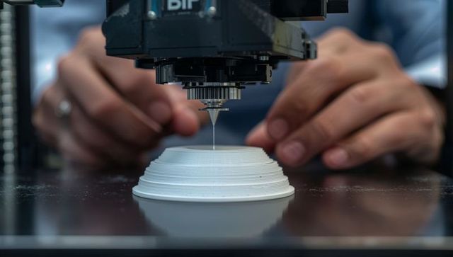 Close-up of 3d printer nozzle creating white dome with hands approaching