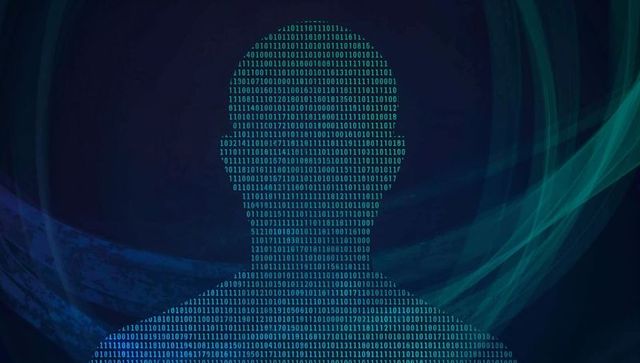 Binary silhouette forming human profile with teal digital ribbon waves for ai