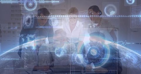 Business Team Analyzing Holographic Data Projections