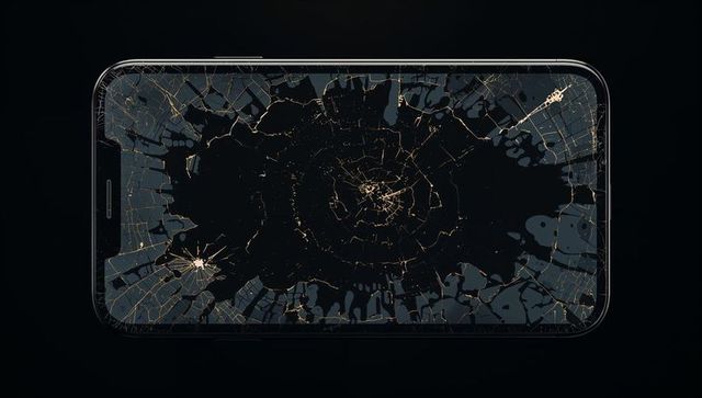 Shattered smartphone revealing glowing city map with radial glass crack and golden streets