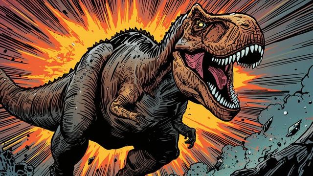 Charging T. Rex with Explosive Background in Prehistoric Scene