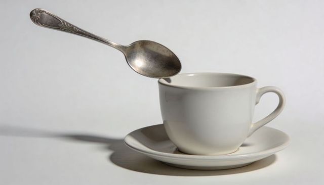 Floating vintage spoon hovering over white ceramic teacup on saucer minimalist still life