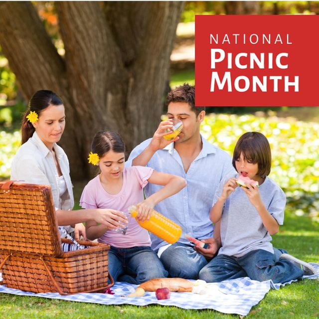 Caucasian Family Enjoying Picnic in Park for National Picnic Month - Download Free Stock Templates Pikwizard.com