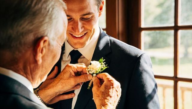 Groom smiling while father pinning white rose boutonniere by sunlit wooden window wedding morning