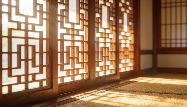 Filtering sunlight through wooden lattice doors, casting geometric shadows on tatami