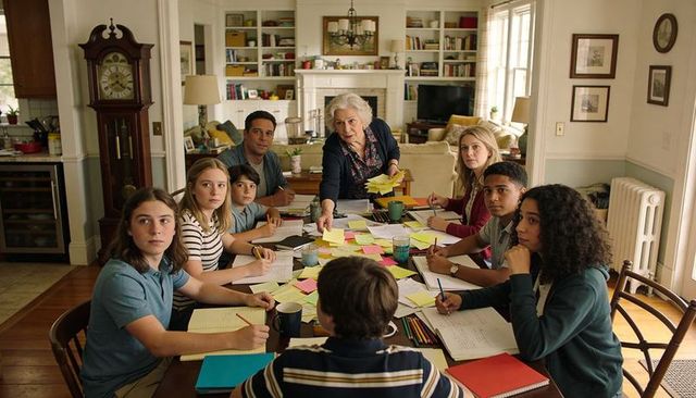 Multigenerational family planning around dining table with colorful sticky notes