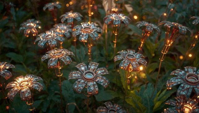 Glowing ornate metal flower garden lights with central glass lenses at twilight