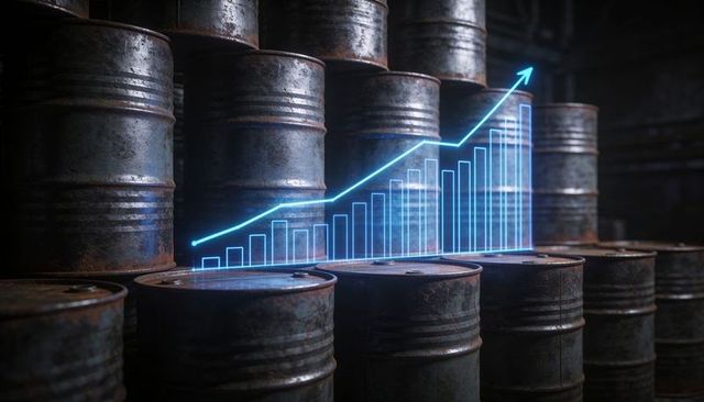 Holographic growth chart projecting over rusted oil barrels in industrial warehouse