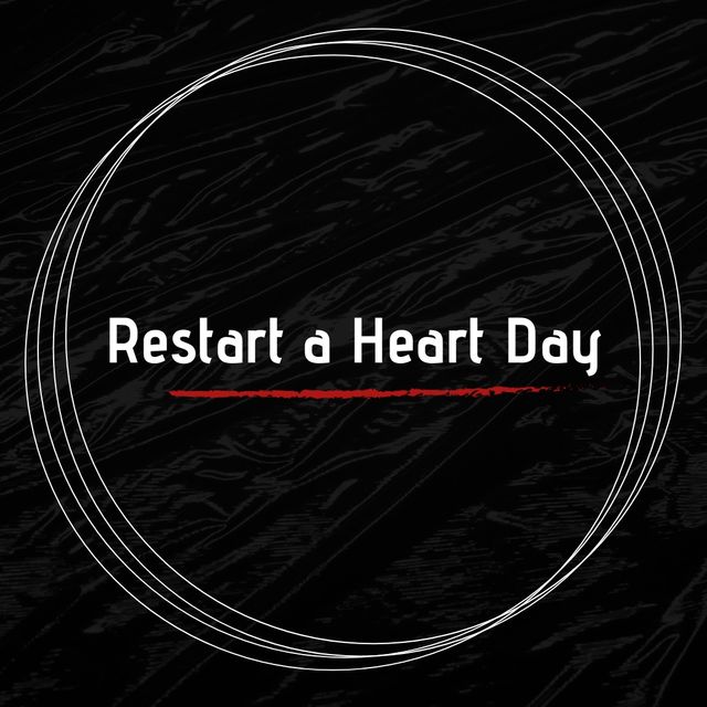 Illustration of restart a heart day text in white circles on black background, copy space. Raise awareness, cardiac arrest, importance of cpr, support, healthcare.