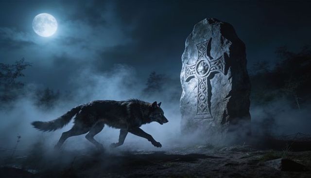 Moonlit black wolf prowling misty forest clearing past carved celtic cross standing stone