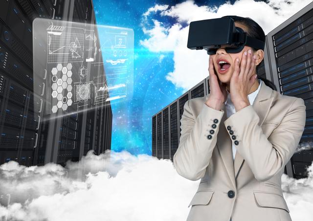 Surprised Woman Using Virtual Reality Headset in Futuristic Data Center - Download Free Stock Photos Pikwizard.com