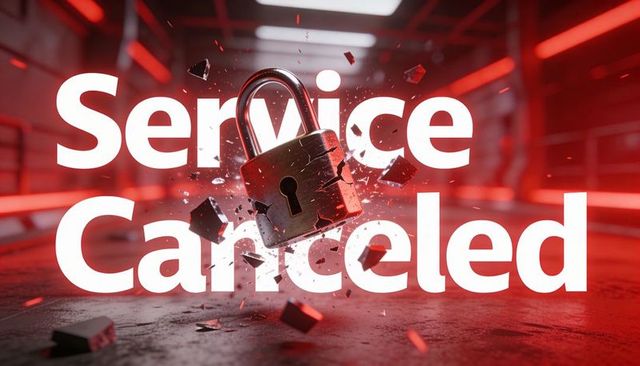 Shattering brass padlock exploding metal shards in red neon corridor, service canceled