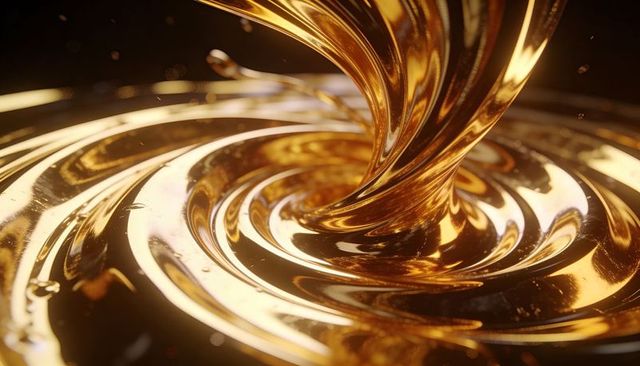 Golden liquid vortex creating glossy swirl of molten metallic fluid and droplets