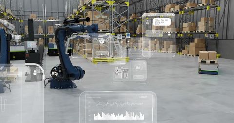 Futuristic warehouse with robotic automation and data integration