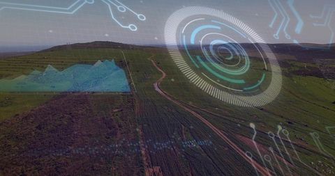 Precision farming drone mapping showing futuristic HUD overlaying fields and analytics