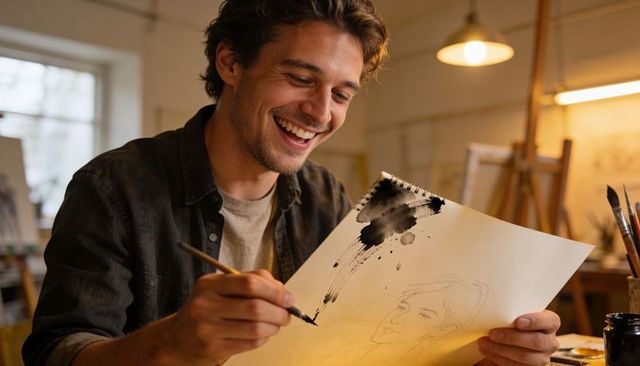 Smiling artist painting ink portrait on sketchpad in warm sunlit studio workspace, focused