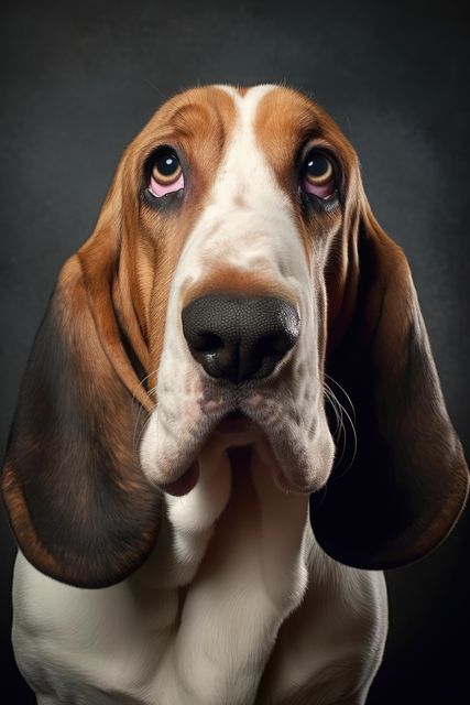 Portrait of cute basset hound on dark blue background, created using generative ai technology. Animal, pet and dog concept digitally generated image.